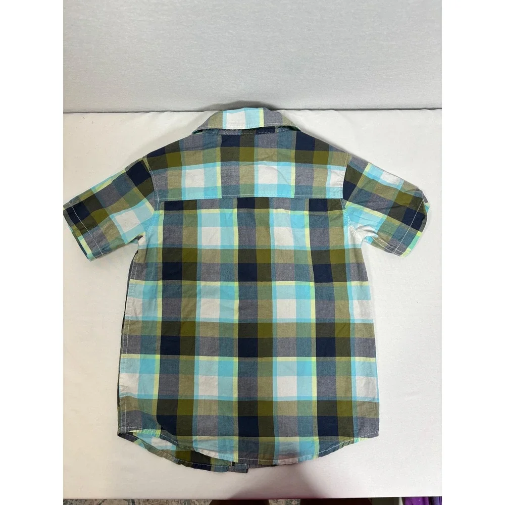 Carters Boys Size 7 Plaid and Chambray Blue Green Short Sleeve Button Down Lot 2